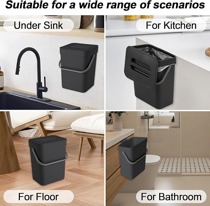 Compost Bin Kitchen, Bring 5 Rolls (100) of Garbage Bags, for Use on Countertops or Under Sinks, Hanging Trash Can with Lid, for Cupboard/Bathroom/Bedroom/Office/Camping(Black 0.8 Gallon/3L)