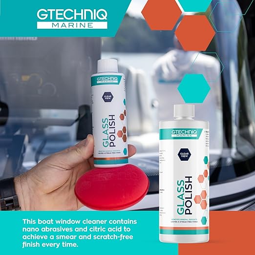 Gtechniq Marine Glass Polish – Water Based Cleaner for Scratch Free Finish on Glass and Perspex – Removes Mineral and Salt Deposits Fast – Hydrophobic Protection with Clear Finish – 250ml