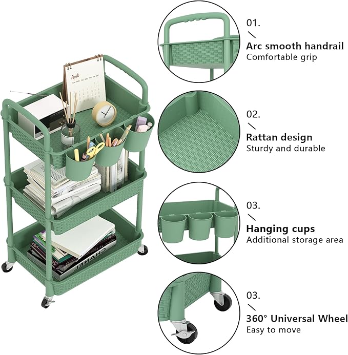 MOYIPIN 3-Tier Plastic Rolling Utility Cart with Handle,Utility Storage Cart for Office, Living Room, Kitchen,Movable Storage Organizer Shelves,Green with 6 Hanging Cups