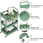 MOYIPIN 3-Tier Plastic Rolling Utility Cart with Handle,Utility Storage Cart for Office, Living Room, Kitchen,Movable Storage Organizer Shelves,Green with 6 Hanging Cups