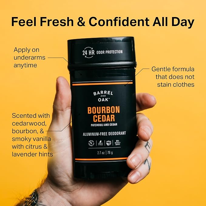Barrel & Oak Aluminum Free Deodorant for Men, Natural Men's Deodorant with Patchouli & Cedar Essential Oil for Delicate Skin, Grooming Kit Gifts for Men, Bourbon Cedar, 2.7 oz, 2-Pack