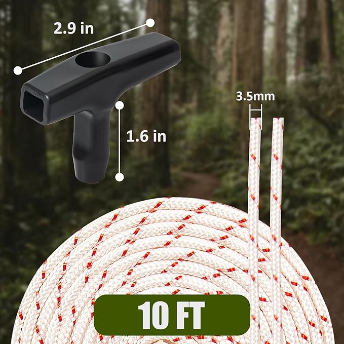 10 ft (3.5mm) Lawn Mower Pull Cord Replacement, High Tensile Strength Pull Rope with Handle for Generator, Weed Eater, Chainsaw, Pressure Washer, and Small Engine