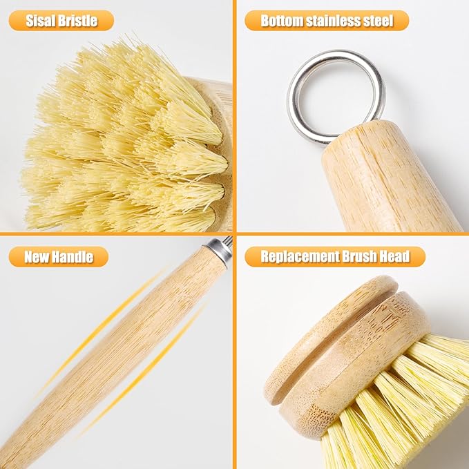 Bamboo Pot Dish Brush,3 Pack Natural Wooden Scrub Brush with Sisal Fiber,Suitable for Dishes,Pans,Pot and Other Utensils-Sustainable,Kitchen Cleaning Brush with 2 Replacement Brush Heads