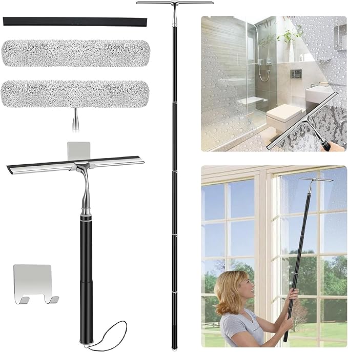 17'' - 62'' Metal Squeegee with Extension Pole for Window,Glass Door,Mirror, 12'' Wide Telescopic Shower Squeegee Cleaner with Long Handle for Cleaning Tile Wall,Floor,Bath,Car Windshield,Solar Panel
