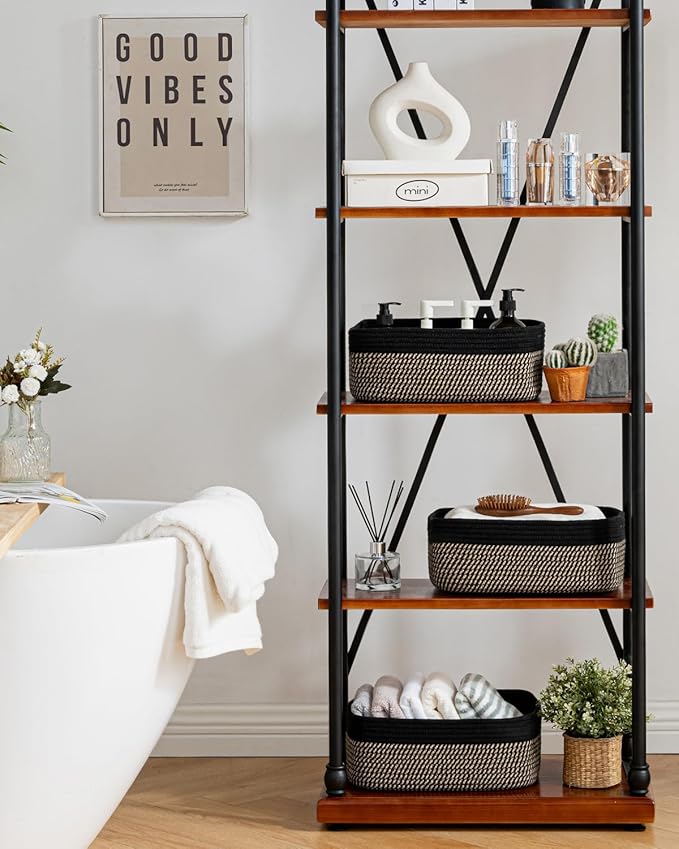 Small Woven Basket, 13.5 x 9.5 x 5 Inches, Storage Basket for Organizing, Cute Small Rope Shelf Closet Cube Storage Bins Baskets for Shelves, Dog Toy Gift Baskets Empty, 3 Pack Black & Brown