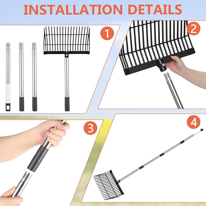 Manure Fork, Manure Fork Replacement Head – Heavy Plastic Horse Manure Fork with 69 Inch Spliced Extension Rod, Long Handle Fork for Hay, Compost, Barn, Horse Stable & Gardening（Black）