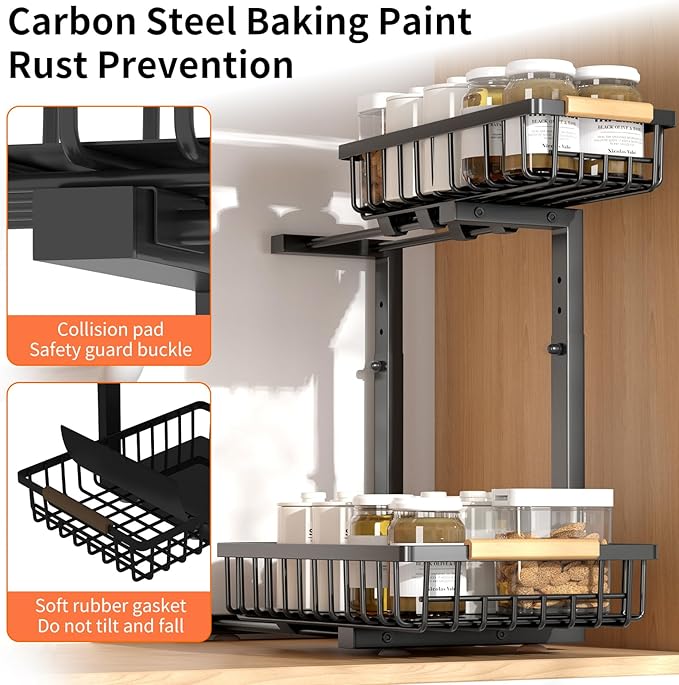 Under Sink Organizer, Under Sink Organizers and Storage, 2-Tier Pull Out Under Cabinet Organizer Storage Shelf, Metal Frame, Height Adjustable Rack for Bathroom Kitchen Pantry