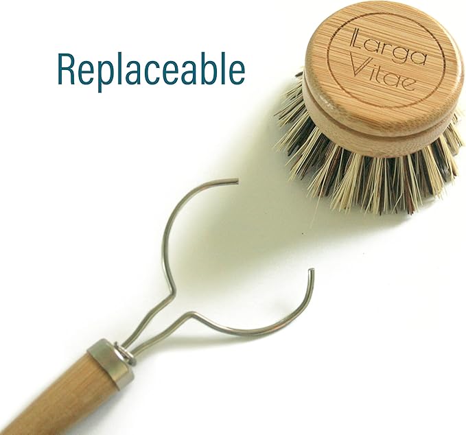 6 pcs Wooden Dish Brush Replacement Heads Made of Renewable Bamboo Wood and Natural Bristle Fiber, Durable, Long Lasting (Palm/Coconut Fiber Bristles)