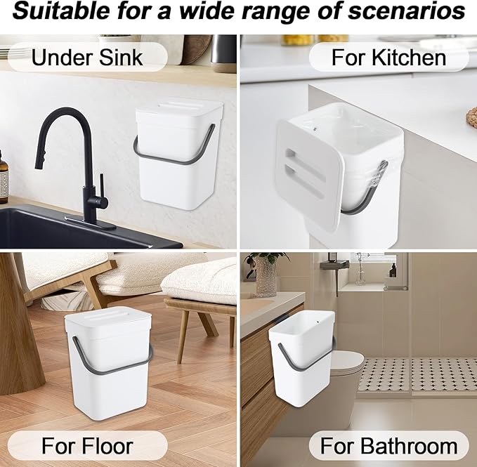 Compost Bin Kitchen, Bring 5 Rolls (100) of Garbage Bags, for Use on Countertops or Under Sinks, Hanging Trash Can with Lid, for Cupboard/Bathroom/Bedroom/Office/Camping(White 0.8 Gallon/3L)