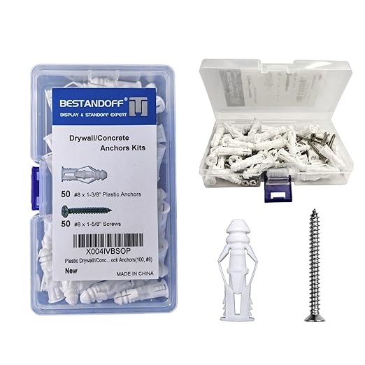Plastic Drywall/Concrete Anchors with Stainless Steel Screws Assortment Kit 100PCS, 50 Plastic Dry Wall Anchors and 50 Flat Head Screws, Sheetrock Anchors (100, #8)