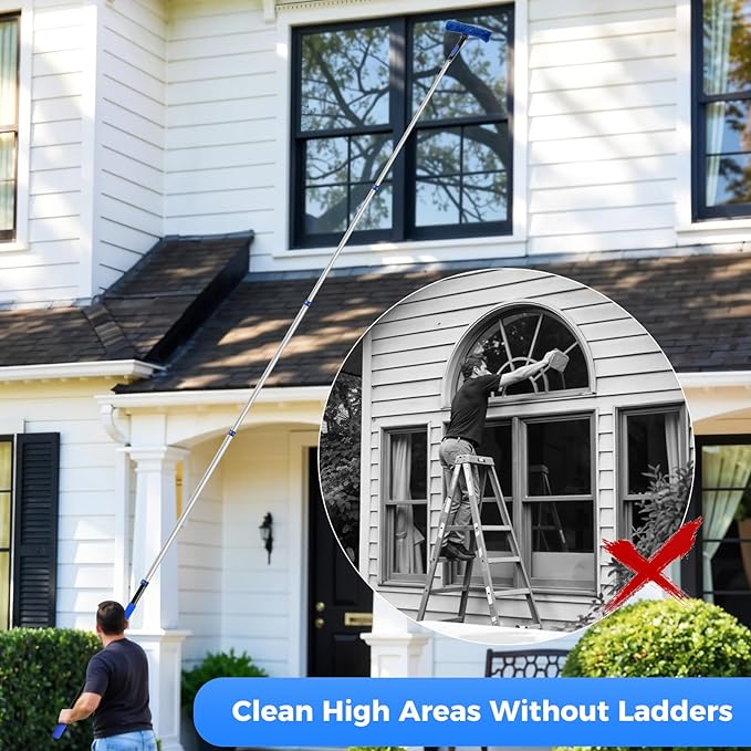 26 Feet High Reach Ceiling Fan Cleaner Duster, Window Washing Kit with Extension Pole, Aluminum 5-20 FT Telescopic Window Cleaning Squeegee Kit for Indoor Outdoor Use (Rotatable Head)