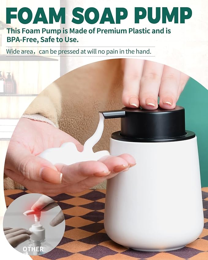 Bosilunlife Foam Soap Dispenser - 12Oz Matte White Ceramic Foaming Hand Soap Dispenser for Bathroom Refillable Liquid Kitchen Dish Hand Wash Dispenser Modern