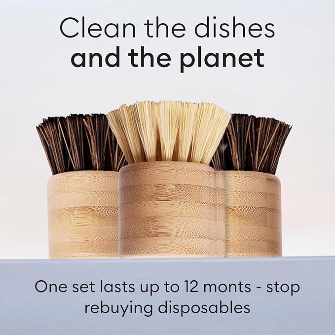 Vove Bamboo Scrub Brush Set, 3 Pack - FSC Certified Bamboo, Plastic-Free Natural Fiber Bristles, Sisal & Union Fibers, Stainless Steel - Kitchen Dish Scrubbing Set, 2 Hard, 1 Medium