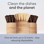 Vove Bamboo Scrub Brush Set, 3 Pack - FSC Certified Bamboo, Plastic-Free Natural Fiber Bristles, Sisal & Union Fibers, Stainless Steel - Kitchen Dish Scrubbing Set, 2 Hard, 1 Medium