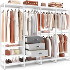 Aheaplus Wood Clothes Rack Wardrobe Closets for Hanging Clothes Heavy Duty Garment Rack, Large Corner L Shaped Closet System Organizer Walk-in Closet for Bedroom with 3 Wood Drawers, White Oak
