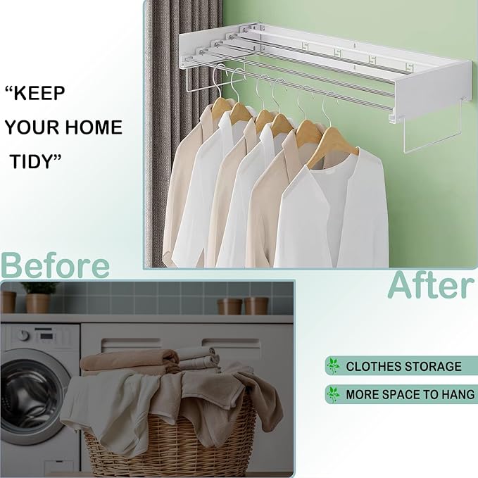 Wall Mounted Laundry Rack, Collapsible Clothes & Towel Drying Rack for Indoor & Outdoor, 60 lb Capacity, 31.5' Wide, 13.5 Linear Ft, White
