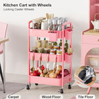3 Tier Pink Rolling Cart with Lockable Wheels, Metal Utility Carts Organizer on Wheels for Kitchen, Nursery, Snack, Bedside Cart for Baby Essentials, Easy Assemble Mobile Storage Roller Trolley