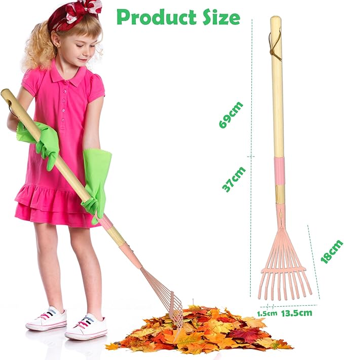 Kids Leaf Rake -Small Wooden Handle Leaf Rake with Metal Tines, 27inches /69cm Length, for Kids Enjoy Garden Cleaning Activities, 4 Pack