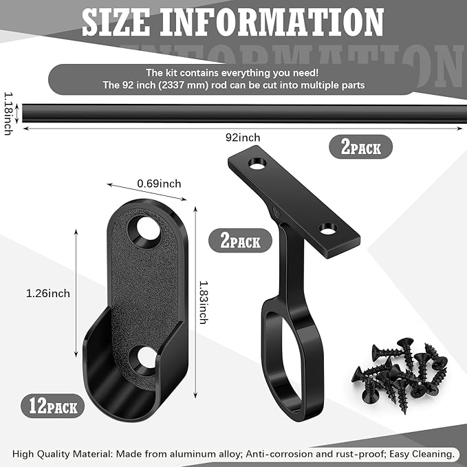 Tandefio Chrome Closet Rod 92 Inch with Oval Closet Rod 6 End Supports for Laundry Room Hanging Clothes Waterproof Shower for Curtains(Black,2 Sets)