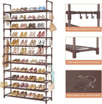LANTEFUL 11 Tiers Tall Shoe Rack Holds 55 Pairs of Shoes with 18pcs Hooks Sturdy Wide Shoe Organizer Storage Free Standing Metal Shoe Shelf for Closet, Entryway Brown