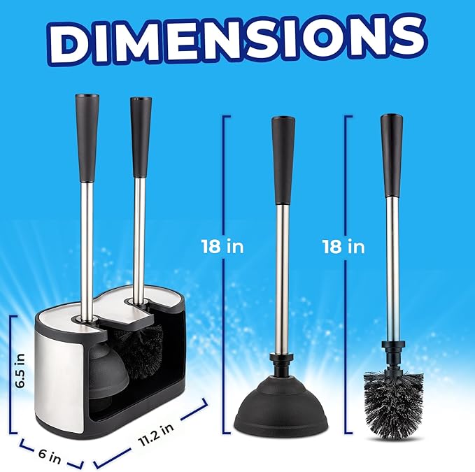 UMIEN Toilet Brush and Plunger Set 18-in - Updated 2025 No-Rust - Stainless Steel Design - Long Handles - with Freestanding Canister