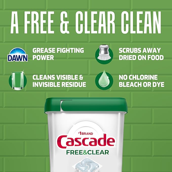 Cascade Free & Clear Dishwasher Pods, Dishwasher Detergent, Dish Detergent Soap, Lemon Essence, 19 Count