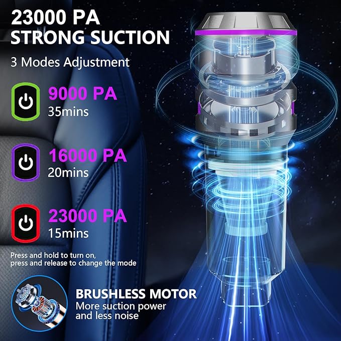 Car Vacuum,4-in-1 Mini Cordless Vacuum Cleaner with 3 Suction Modes&23000pa Suction,Portable Handheld Vacuum with LED Light,Multi-Nozzles&Brushless Motor&Air Dusters,TypeC for Car/Home/Pet/Office