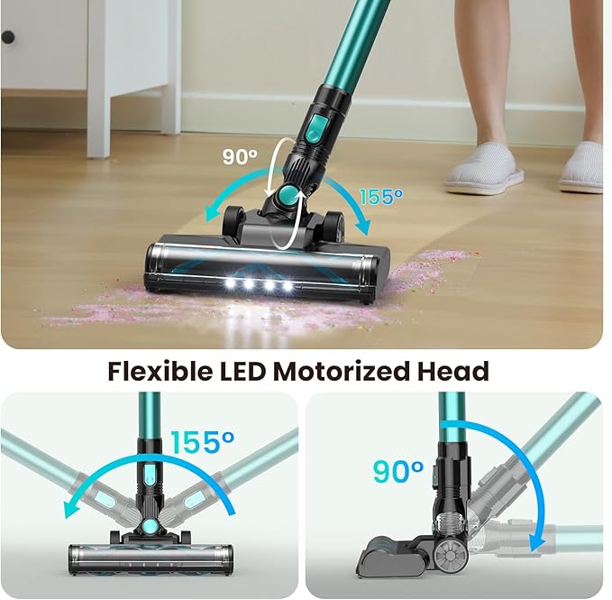 N3T Cordless Vacuum Cleaner,Wireless Stick Vacuum with 40mins Runtime,Self-Standing,Anti-Tangle Brush,Rechargeable Lightweight Vacuum Cleaner for Home,Hardwood Floor,Pet Hair, Carpet-Green