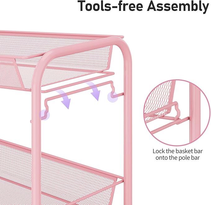 TOOLF 3 Tier Rolling Utility Cart - Durable Metal Design Pink Utility Cart, Storage Trolley on Wheels with 3 Hooks, Perfect for Kitchen, Bathroom & Laundry Room Organization