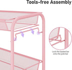 TOOLF 3 Tier Rolling Utility Cart - Durable Metal Design Pink Utility Cart, Storage Trolley on Wheels with 3 Hooks, Perfect for Kitchen, Bathroom & Laundry Room Organization