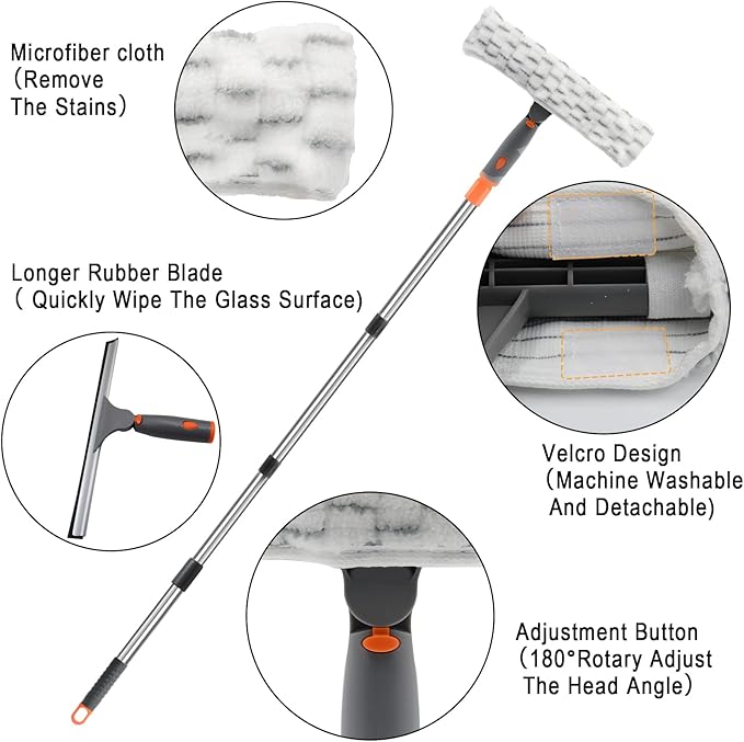 Window Cleaner Tool with Long Handle, BITOPE 60" Shower Squeegee for Window Cleaning with Telescopic Pole, 12" Squeegee & 10" Microfiber Cleaning Pads Kit for Glass Door Car Mirror