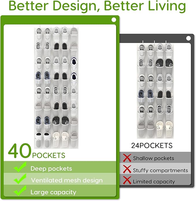 Unjumbly Over the Door Shoe Organizer with 40 Large Breathable Mesh Pockets, Space Saving Shoe Holder, Hanging Shoe Rack for Entryway Bedroom Closet Storage (White, 40 Pockets)