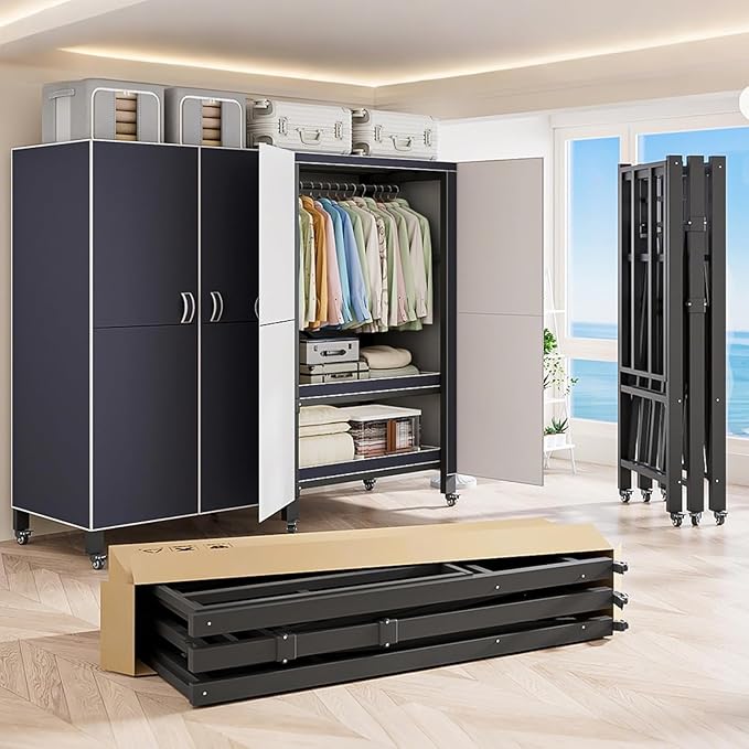 Heavy Duty Covered Clothes Rack with Magnetic Door Foldable Portable Wardrobe Closet for Hanging Clothing Rolling Black Metal Garment Rack on Wheels Closet System (Navy Blue, 70.89in)
