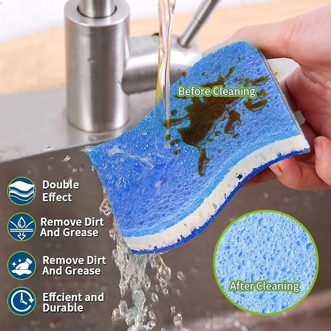 Blue Wood Pulp Sponges 12Pack Non-Scratch Cellulose Scrub Sponge, Dual-Sided Dishwashing Sponge for Kitchen