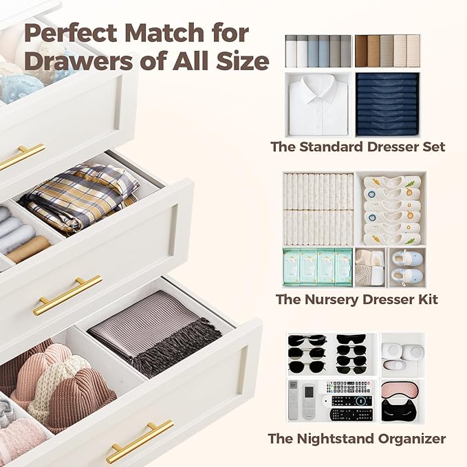 Sturdy Drawer Organizers (12-Pack) - Fabric Dresser Drawer Organizers & Dividers for Nursery Organization, Baby Organizers and Storage for Clothes, Socks & Underwear, White