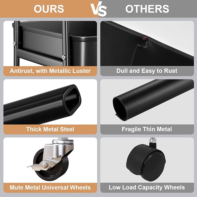 3 Tier Metal Rolling Cart with Lockable Wheels, Black Three Tiered Utility Storage Organizer Carts on Wheels for Bathroom, Kitchen, Laundry, Garage, Office, Craft, Art, Baby, Diaper Caddy, Snack, Book