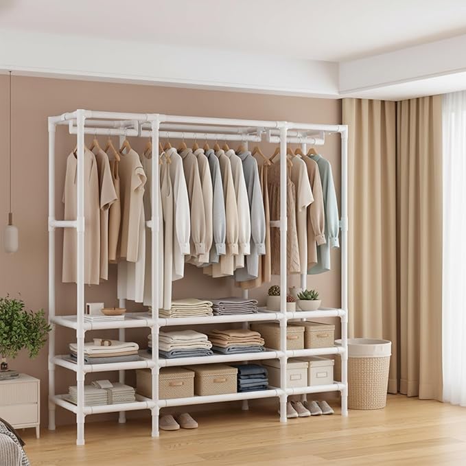 Portable Closet,Garment Rack,Heavy Duty Clothes Rack with Cover,Wardrobe Closet with 1 Hanging Rods, 2 Storage Shelves and 2 Drawers,27.5" L x 17.7" W x 67.7" H,Pale Yellow