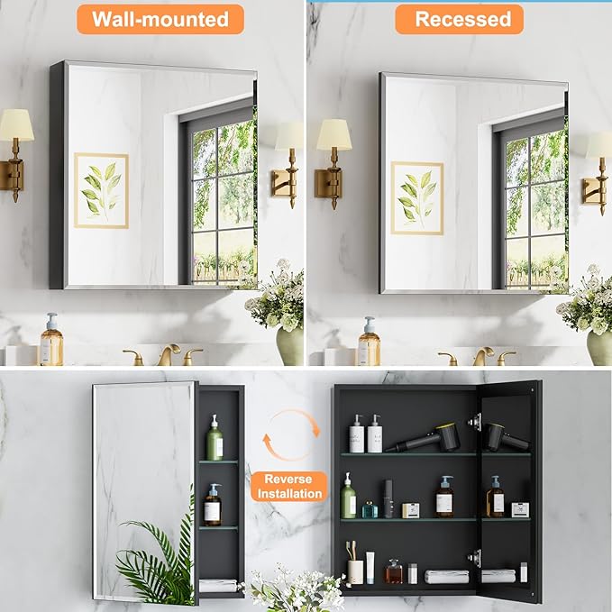 28x30 Inch Medicine Cabinet with Mirror, Aluminum Medicine Cabinet, Tempered Beveled Edge Large Singer Door Mirror, Adjustable Shelves, Surface or Recessed Mount Bathroom Mirrors with Storage, Black
