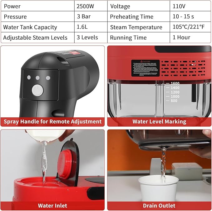 Handheld Steam Cleaner for Home, 2500W High Temperature Pressurized Machine, 1.6L Water Tank, Handle-controlled Steam Output, Portable Cleaning Steamer for Car, Bed Bugs, Furniture, Grout (Red)