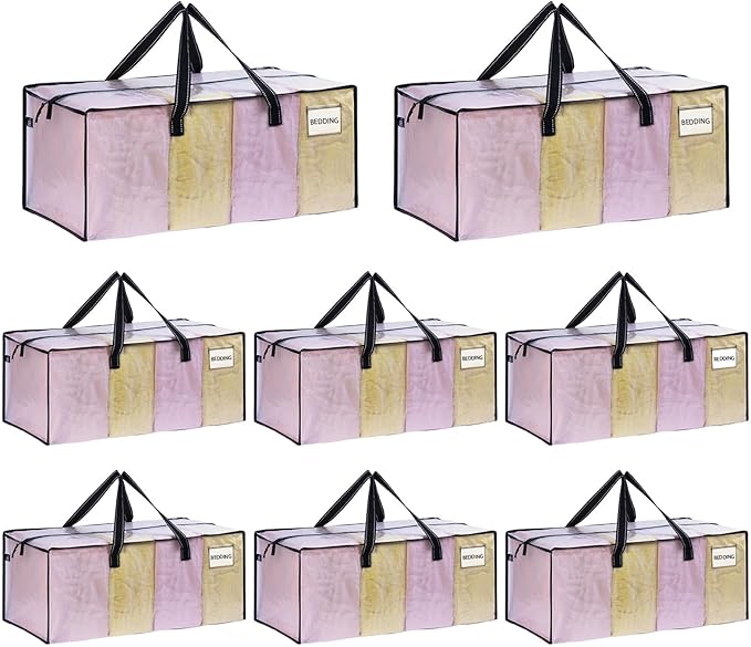 VENO 8 Pack Moving Bags Extra Large Storage Bags for College Move-In, Heavy-Duty Storage Totes, Packing Boxes, and Wardrobe Moving Supplies - Durable Laundry Bags for Clothes (Clear, 8 Pack)