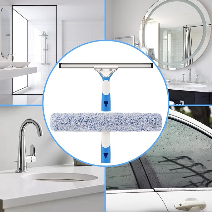 Professional Window Cleaning Kit 14IN, with Silicone Squeegee Blade, Microfiber Scrubber & Cloth, Windows Cleaning Tools, All-in-one Window Washing Supplies, Commercial & Household Use