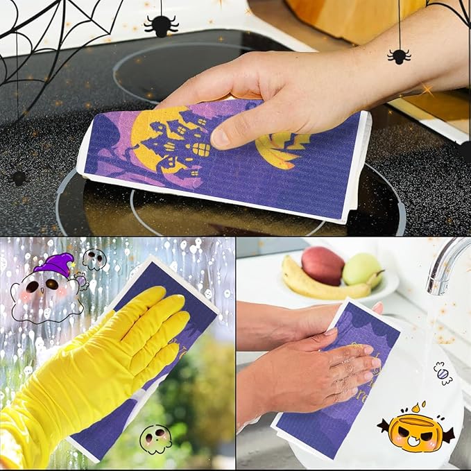 6 Pack Swedish Dishcloths for Kitchen |Watercolor Dish Towels | Reusable Paper Towels Washable | Non-Scratch Cellulose Sponge Cloths | No Odor, Biodegradable, Swedish Cloths, Halloween