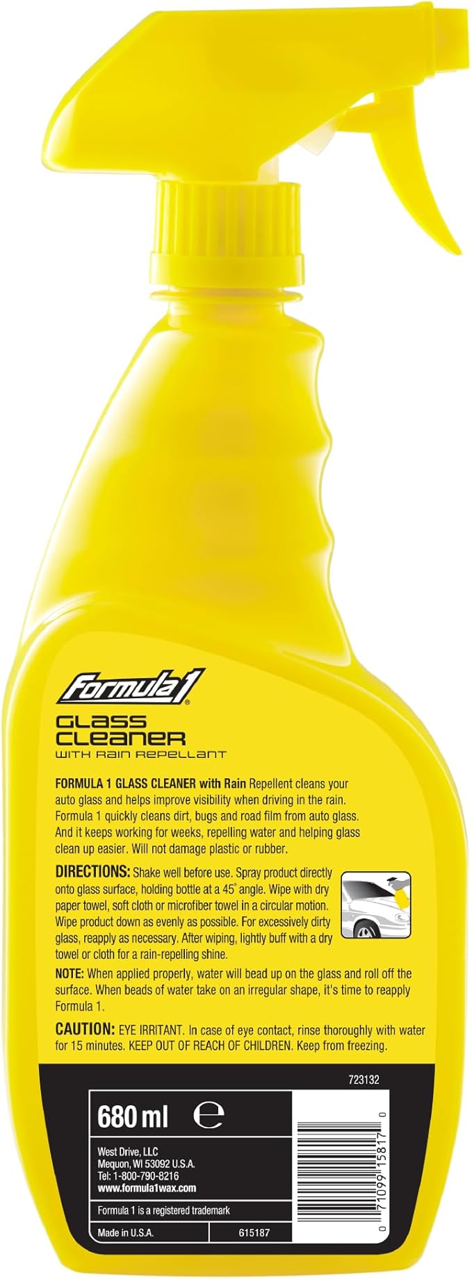 Formula 1 Glass Cleaner with Rain Repellent - Windshield Cleaning Spray for Streak-Free Finish, Improve Visability in Rain, Snow, or Sleet, 23 oz.