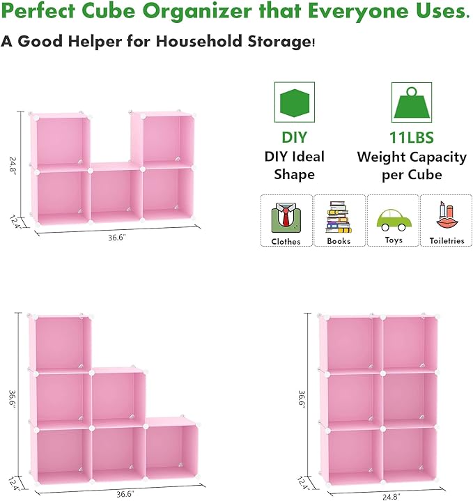 C&AHOME Cube Storage Organizer, 6-Cube Shelves Units, Closet Cabinet, DIY Plastic Modular Book Shelf, Ideal for Bedroom, Living Room, Office, 36.6" L x 12.4" W x 36.6" H Pink UPCS06P