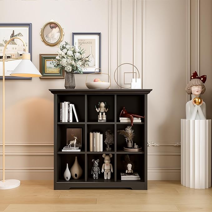 Cube Storage Bookcase with Base - Wooden 3 Tiers Floor Standing Open Shelf Cabinet for Home and Office, 9-Cube Lattice Bookshelf, Black