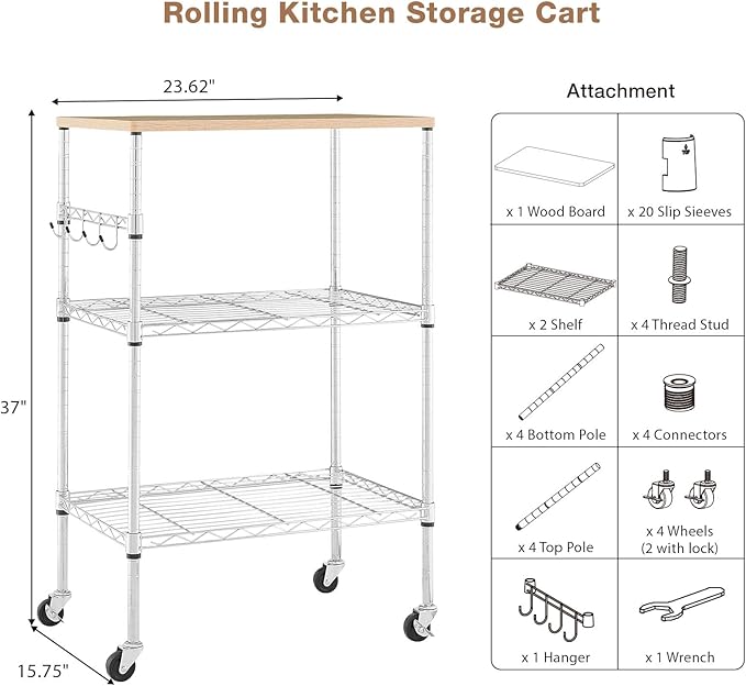 450Lbs Capacity Microwave Cart with Wheels, 3 Tier Rolling Cart with Adjustable Shelves, Multifunctional Metal Utility Storage Kitchen Carts on Wheels, 23.6" L*15.7" W*37" H, Wood+Chrome
