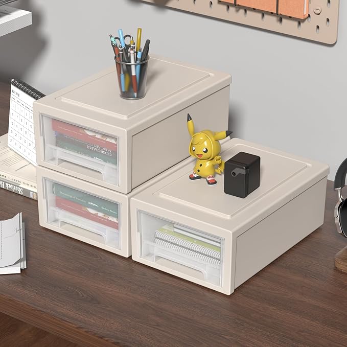 Oymlclivisa 3 Packs Plastic Storage Drawer, Small Stackable Desktop Drawers Unit