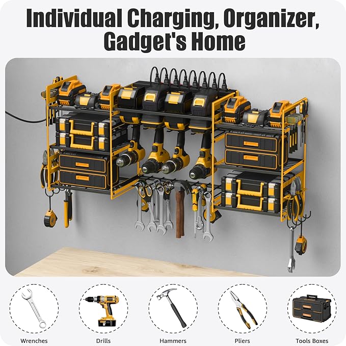 CCCEI Yellow Power Tool Organizer Wall Mount, Large Tools and Battery Storage Rack Charging Station Individual Switches. Drills Holder, Garage Utility Shelves with 6FT Power Strip. Gift for Men.