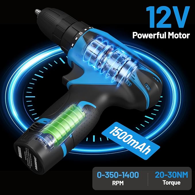 Cordless Drill Set, 12V Power Drill Kit with Battery and Charger, 3/8" Keyless Chuck, 25+1 Torque Setting, Built-in LED, Electric Driver Tool for Home DIY Projects (Blue)