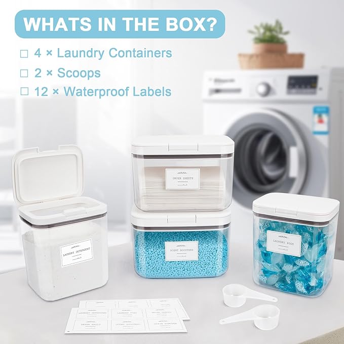 4 Pack Airtight Laundry Detergent Containers & Dryer Sheet Holder with Lids & Scoops, Stackable Laundry Room Organization and Storage for Scent Booster, Powder, Pods